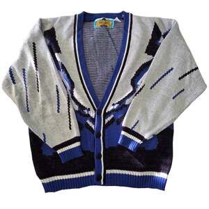 VTG 90s Code Zero Knit Cardigan Mens Sz XL Blue Acrylic V-Neck Geometric Grandpa